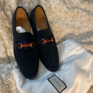 Designer Men's Dark Blue Loafers with Red Accent